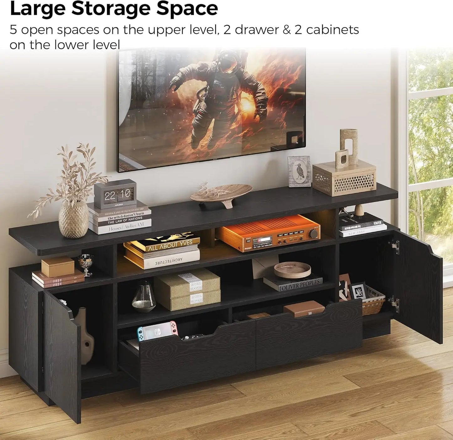 IRONCK TV Stand With Power Outlet And LED Lights Cabinets