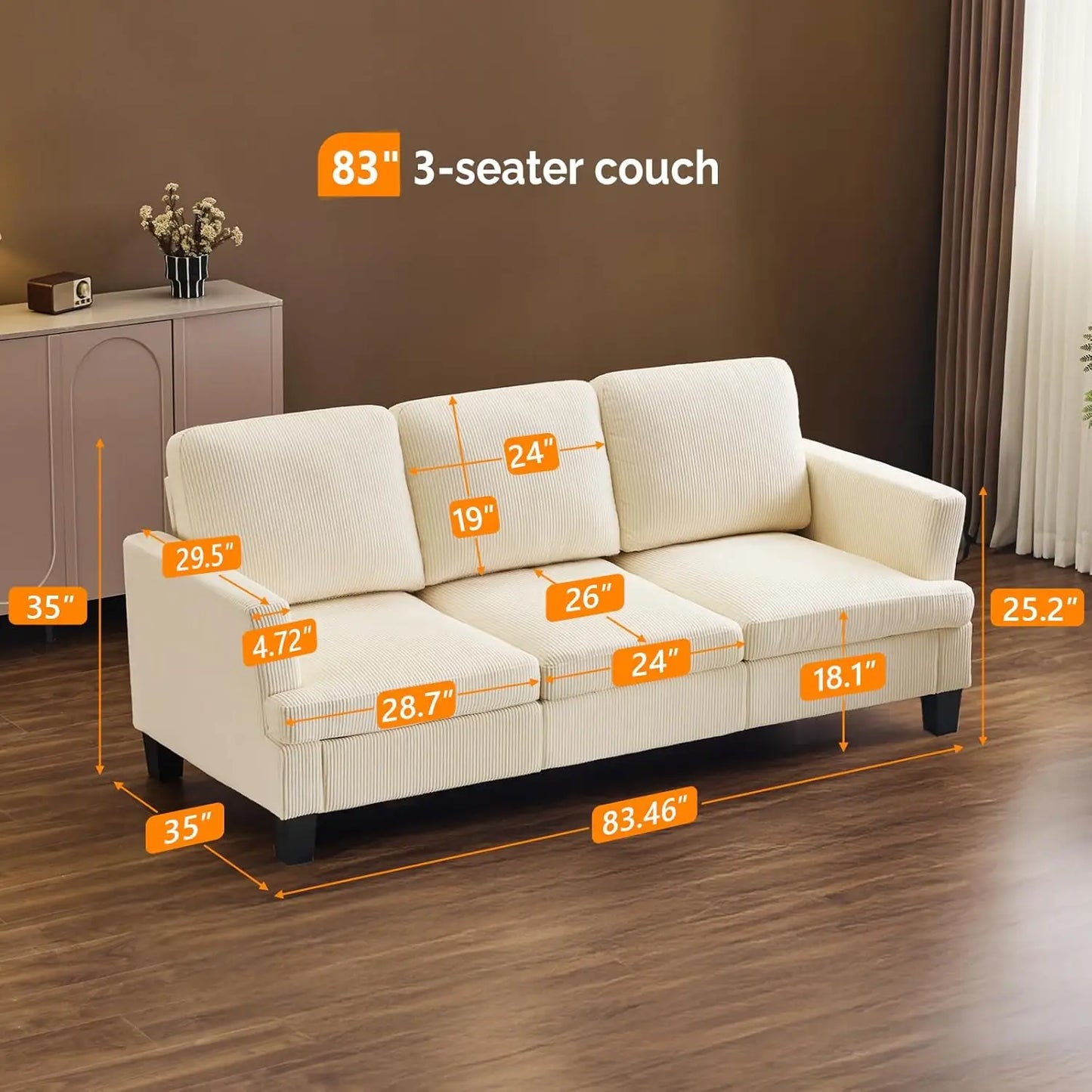 Beige 83" Sofa Couches for Living Room, Corduroy Modern Comfy 3 Seater Couch 25.6" Deep Seat Upholstery Cozy Sofas, Customized
