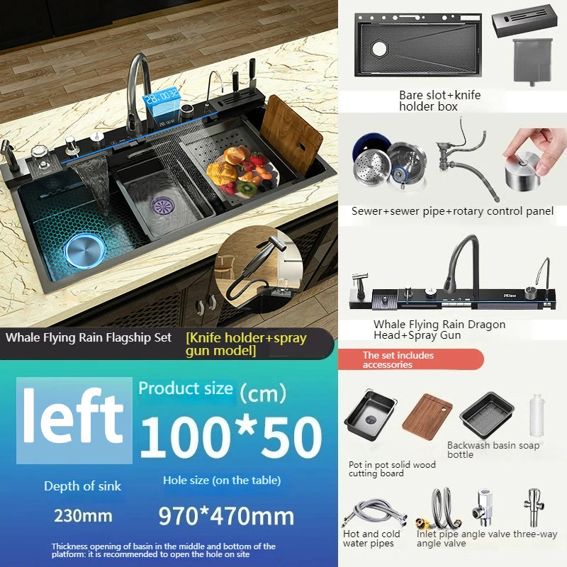 Telisiya Waterfall Kitchen Sink Stainless Steel Single Slot Digital Display