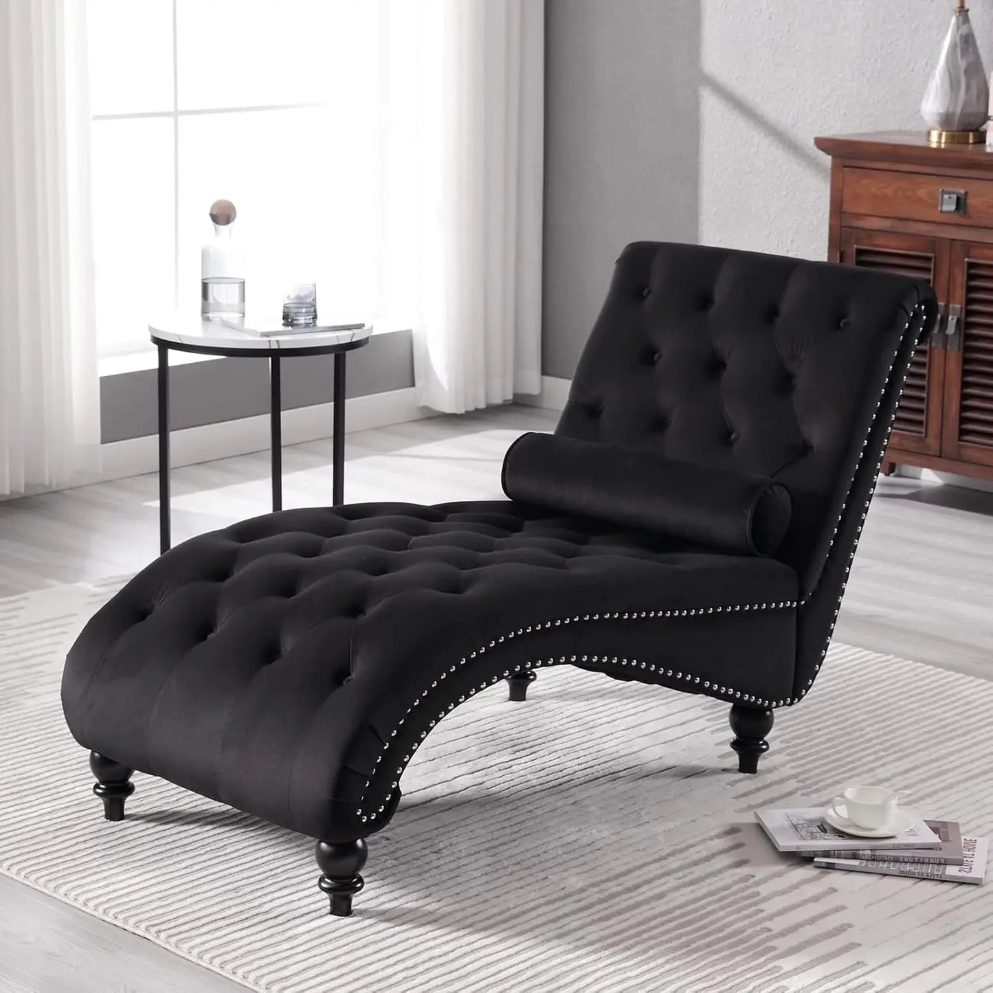 Velvet Chaise Lounge Chair Tufted Upholstered With Pillow Living Room