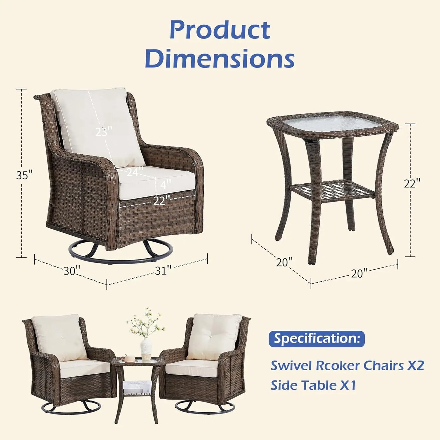 360 Degree Swivel Patio Set Wicker Rocking Chairs Side Table
