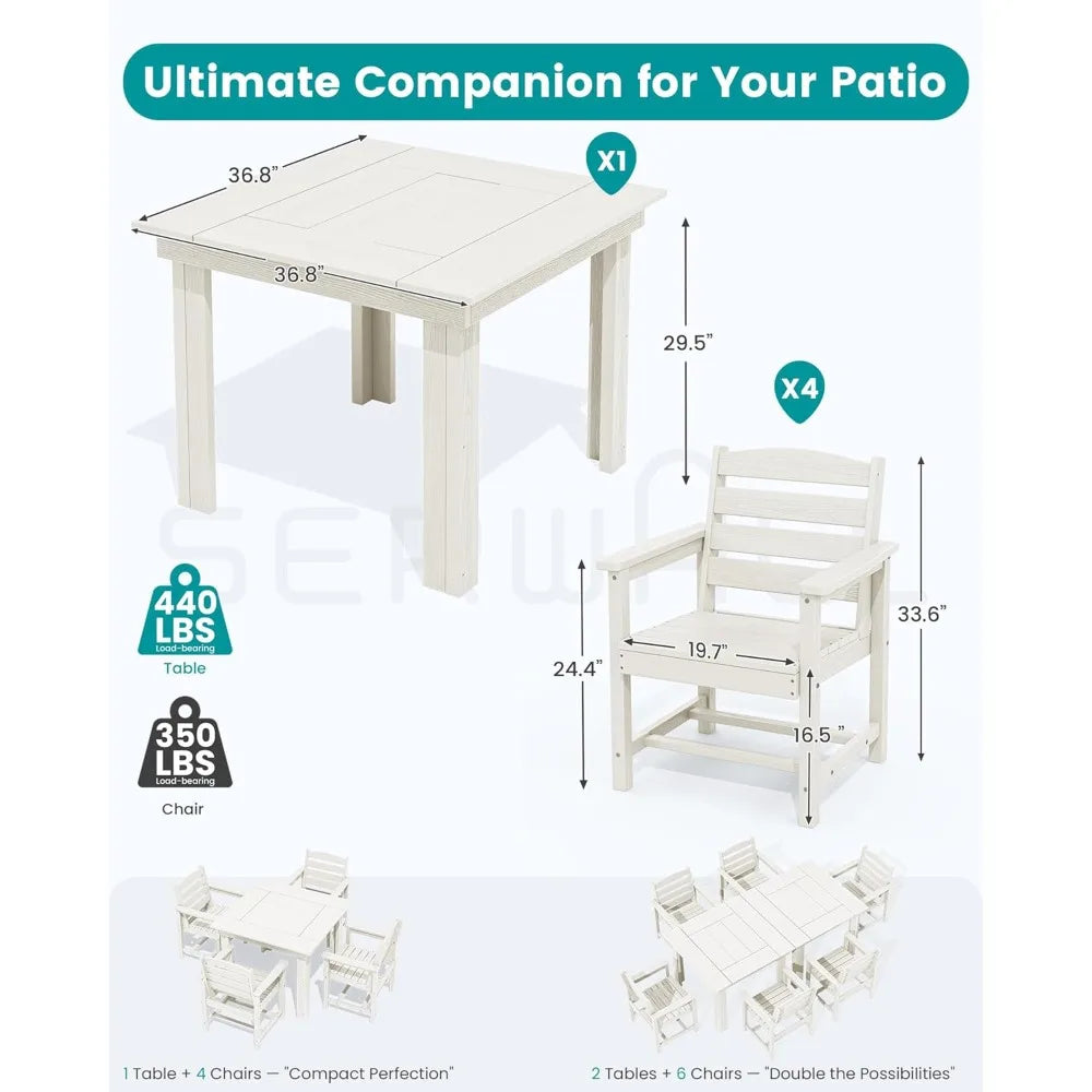 Outdoor Dining Set for 4, HDPE Square Table and Chairs Set All Weather Patio Dining Set with 4 Classic Dining Chairs, 5-Piece P