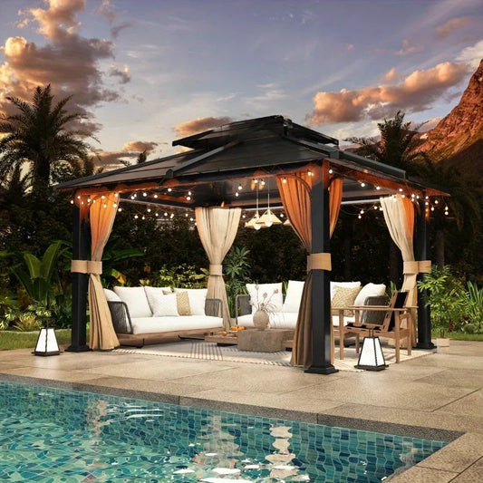 Outdoor Hardtop Gazebo Aluminum Patio Structure With Curtains Netting
