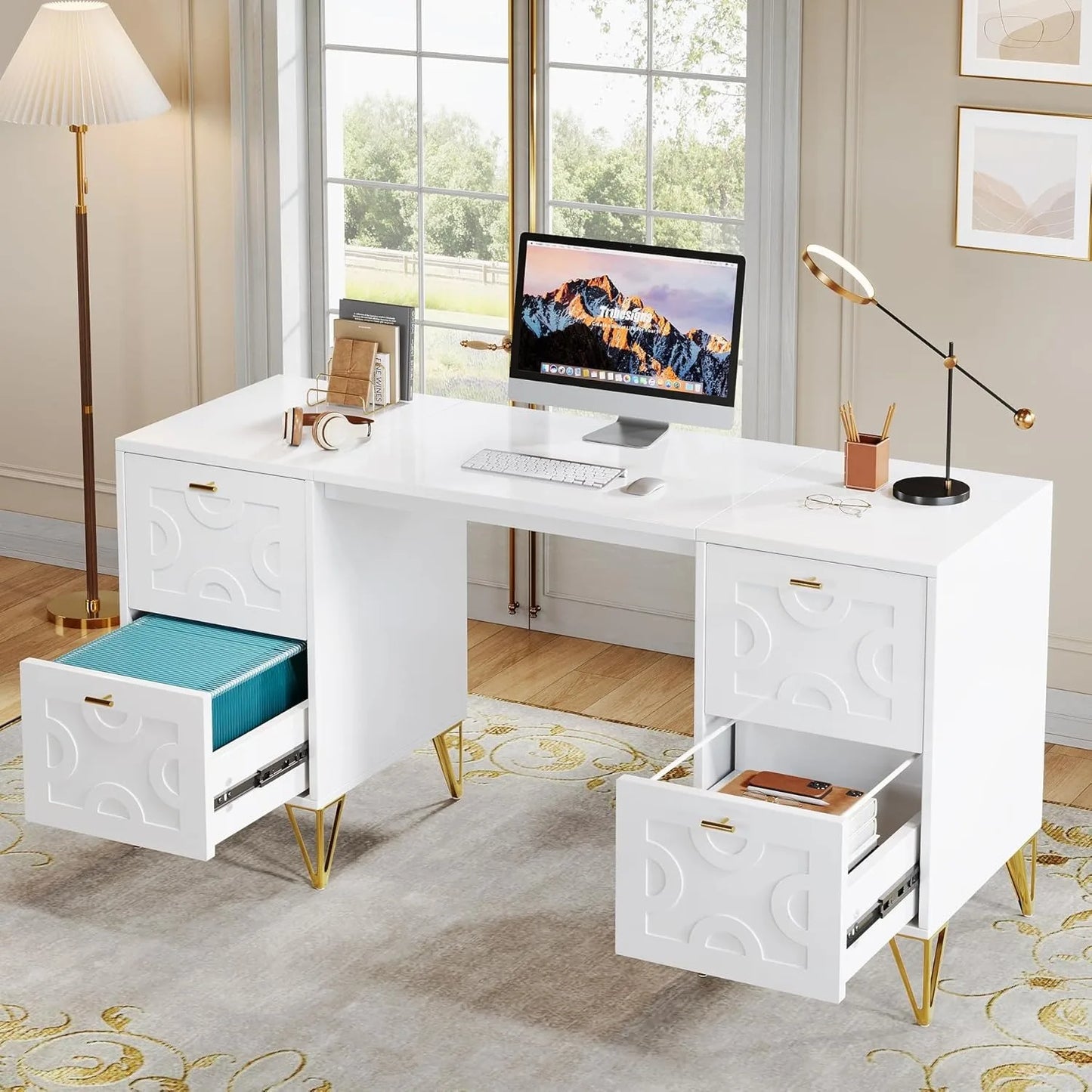 XIUWO Luxury Executive Desk With Four File Drawers