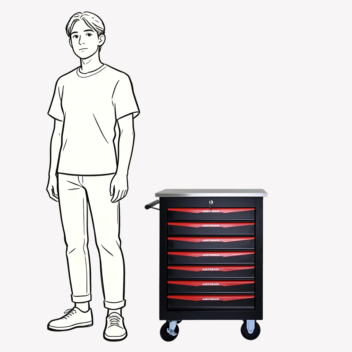 ARTMAN 7 Drawer Wheeled Toolbox Trolley Cabinet With Lock