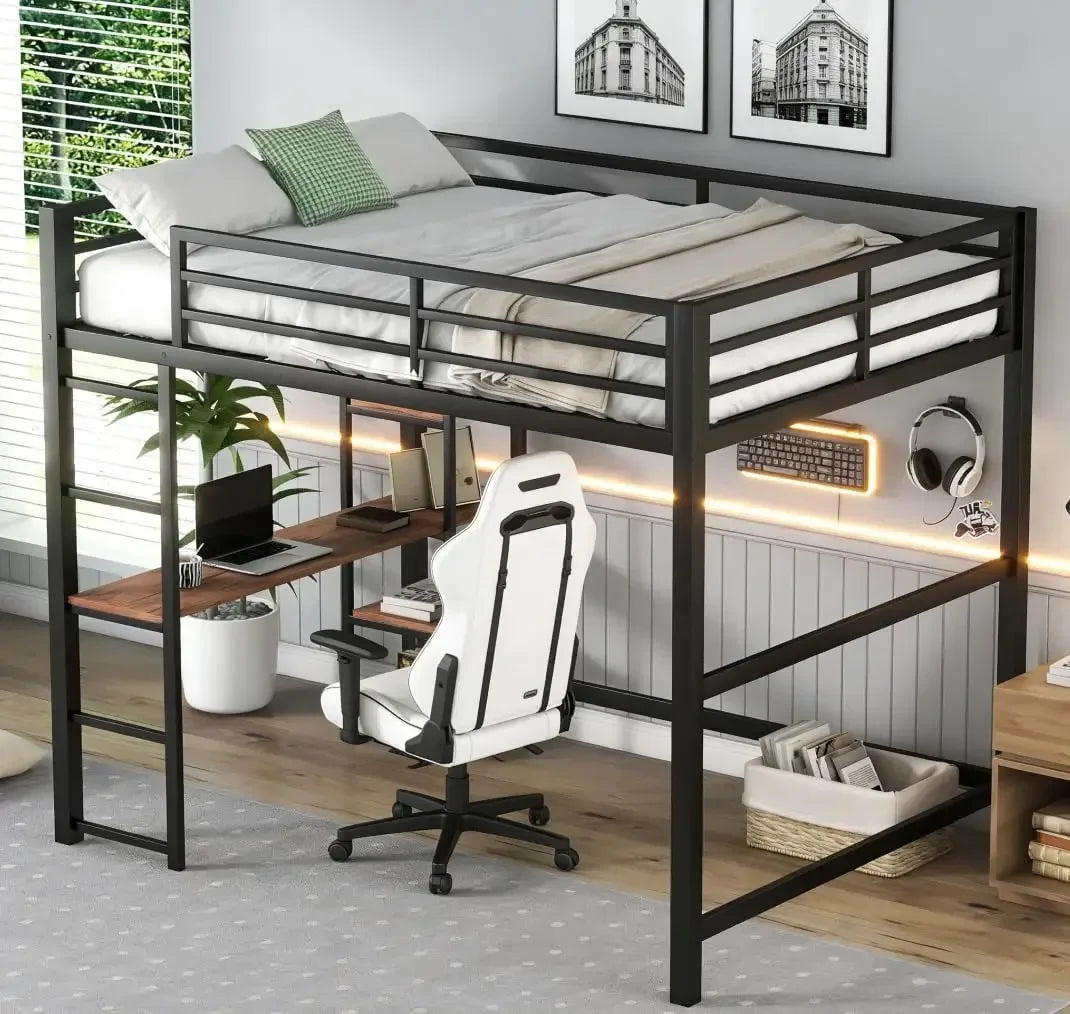 Bellemave Metal Loft Bed With Desk And Storage Shelf