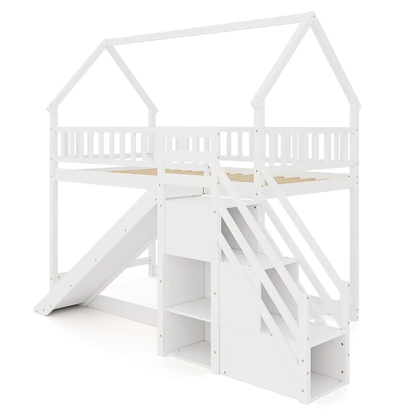 Twin Over Twin Wood Bunk Bed With Slide Guardrails Staircase