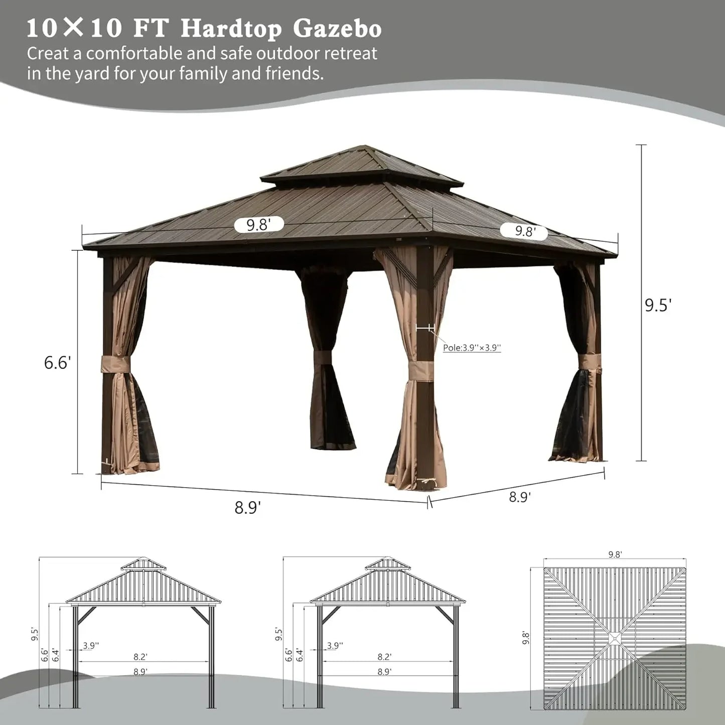 10x10FT, Aluminum Metal Gazebo with Galvanized Steel Double Roof Canopy, Curtain and Netting, Permanent Gazebo，Custom