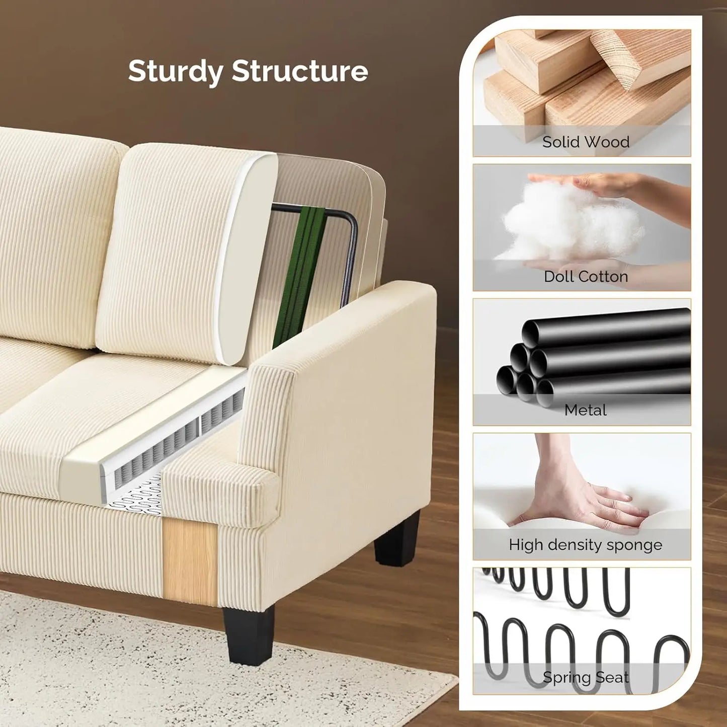 Beige 83" Sofa Couches for Living Room, Corduroy Modern Comfy 3 Seater Couch 25.6" Deep Seat Upholstery Cozy Sofas, Customized