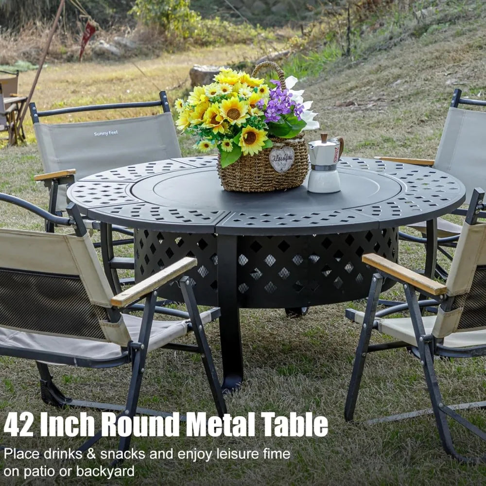Outdoor Wood Burning Fire Pit with BBQ Grills and Lid