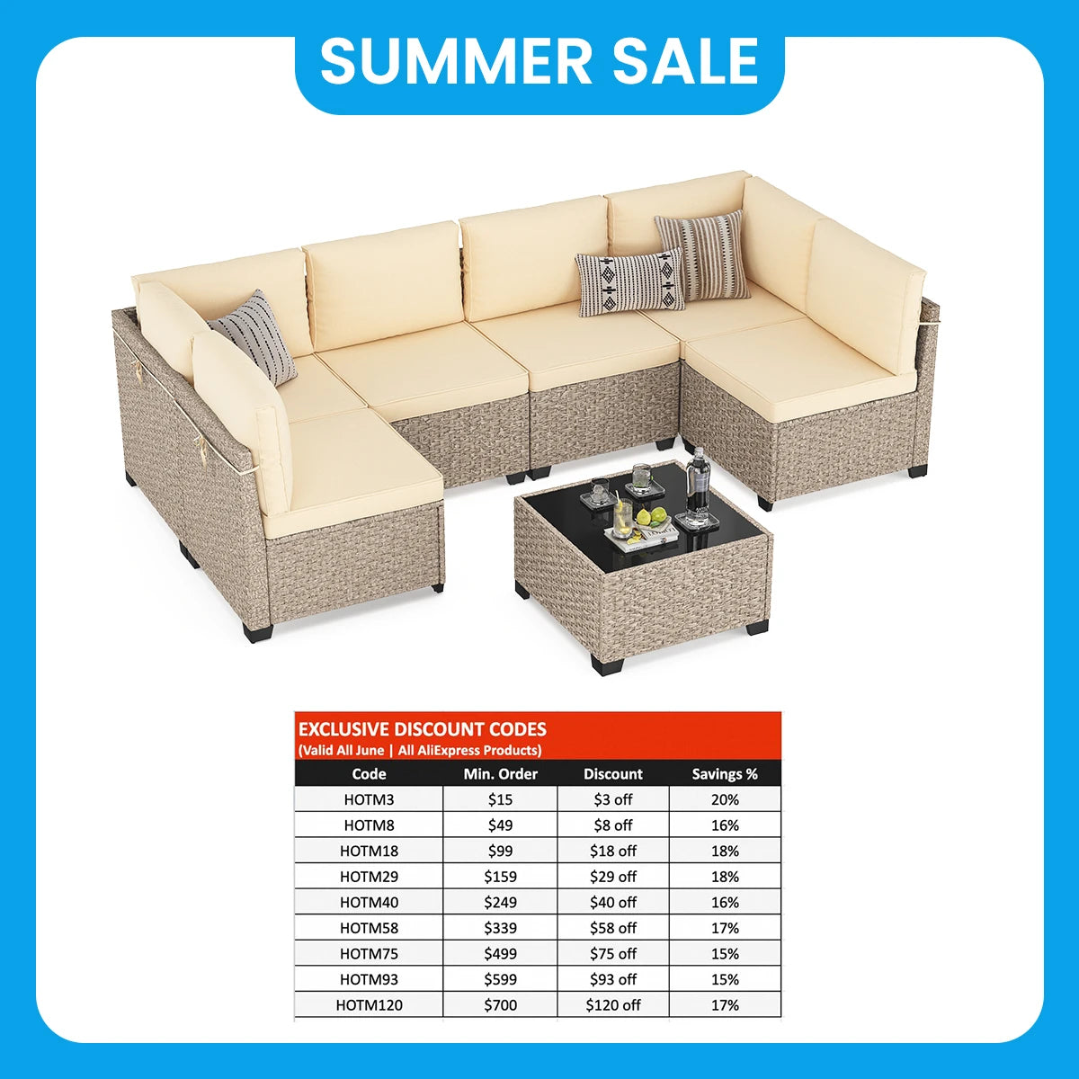 7-Piece Rattan Sectional Sofa Set With Glass Table