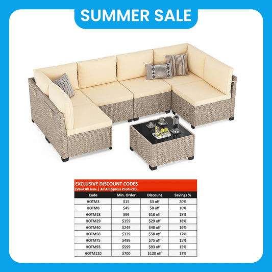 7-Piece Rattan Sectional Sofa Set With Glass Table