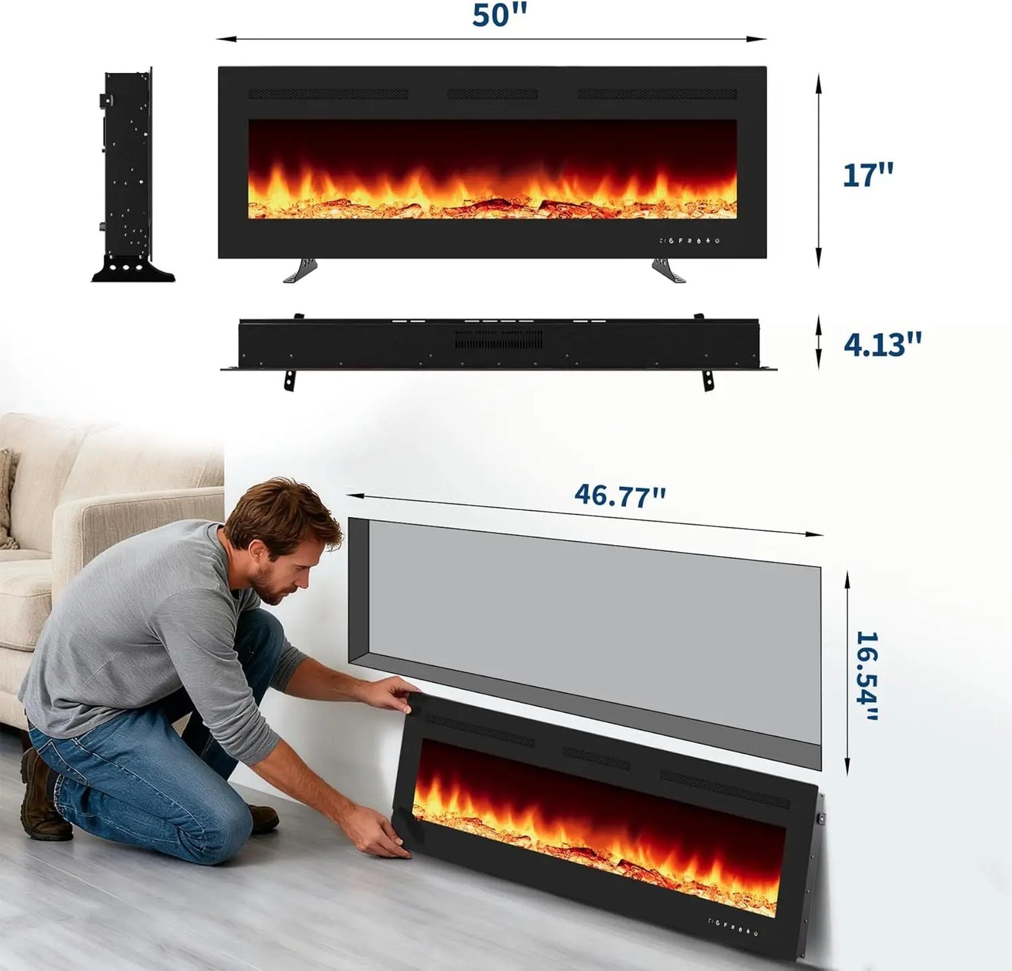 50" 3D Electric Fireplace Recessed & Wall Mounted Stove with 12 Color LED Flame Modes 900/1800w Dual-Power Heating