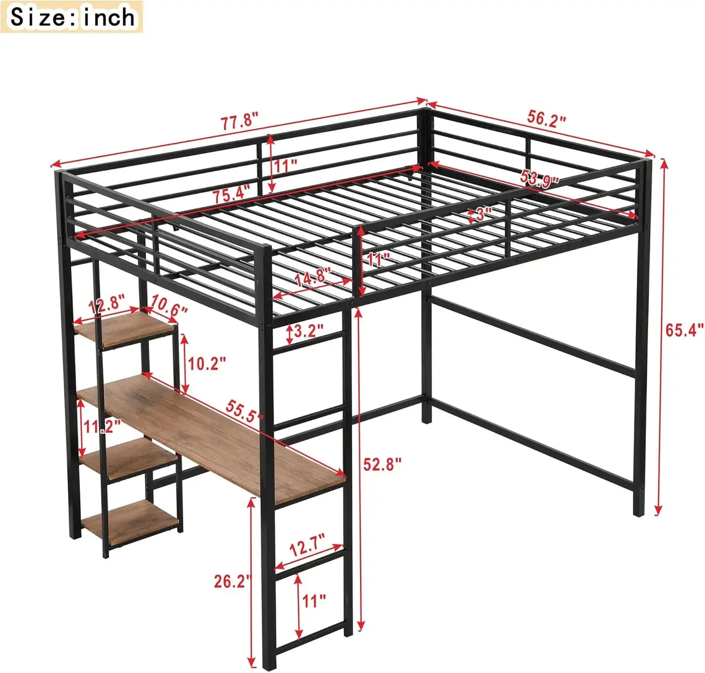 Bellemave Metal Loft Bed With Desk And Storage Shelf