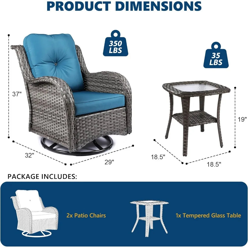 360° Wicker Swivel Rocker Chairs Outdoor Bistro Conversation Chairs Sets of 2 with Side Table 3 Pieces Patio Furniture Set for