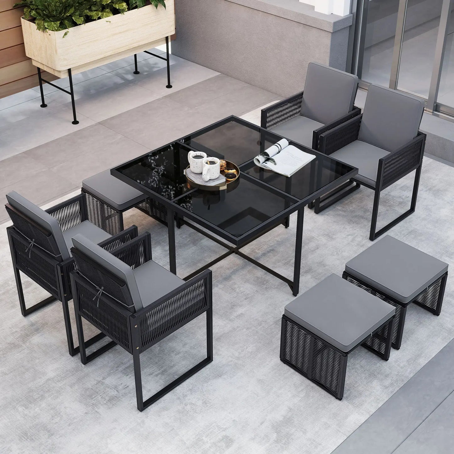 LIFEZEAL 9 Piece Patio Dining Set With Rattan Chairs And Glass Table