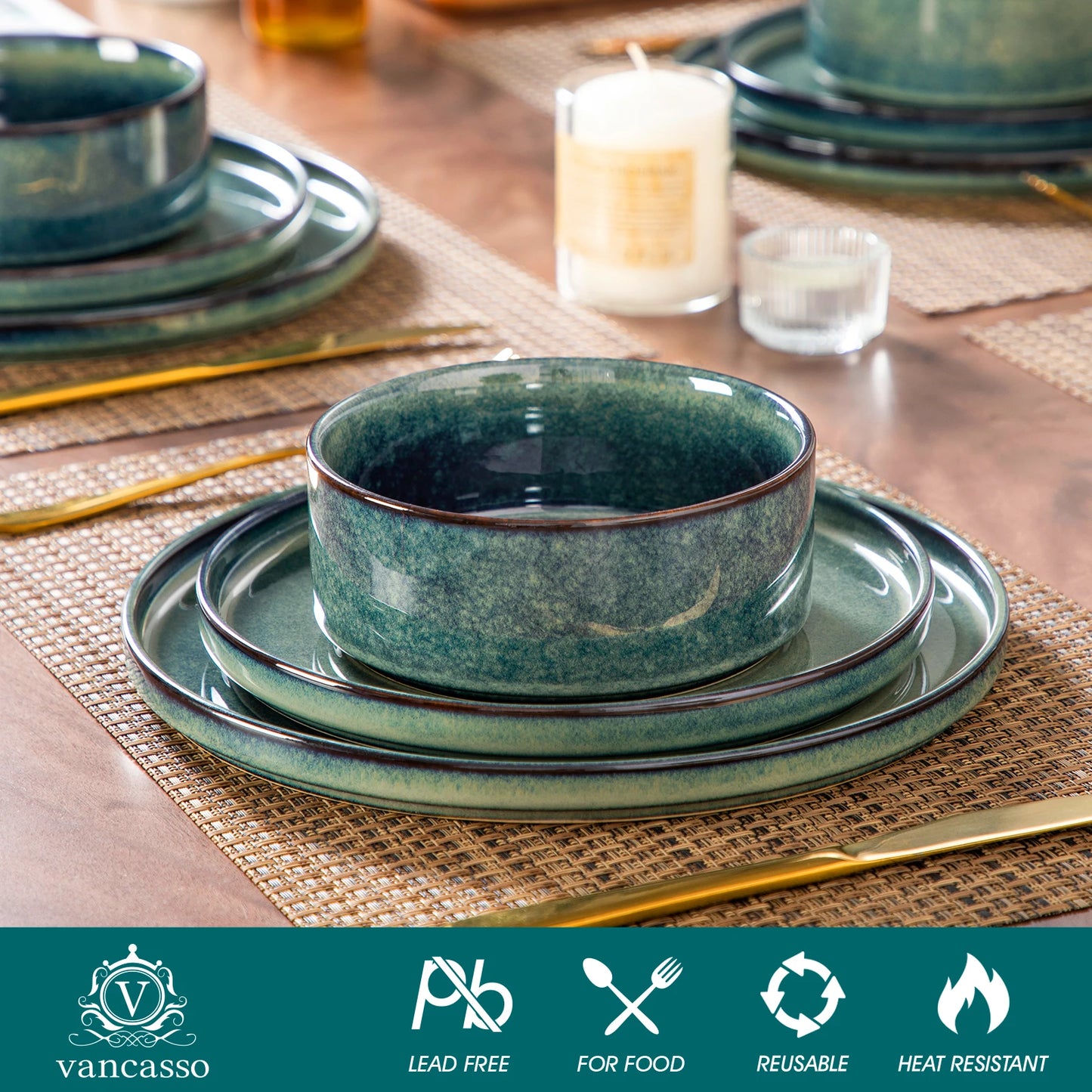 MALACASA Ceramic Dinnerware Set Reactive Glaze Vertical Edge