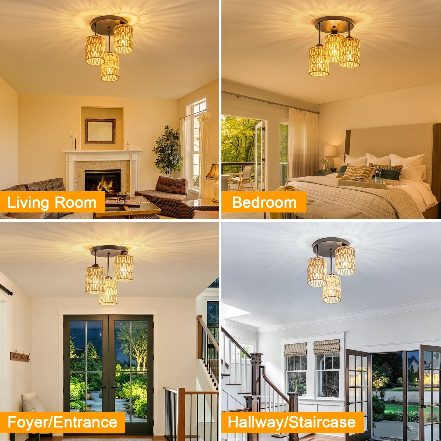 Boho Farmhouse Rattan Pendant Lights Three Light Ceiling Mount