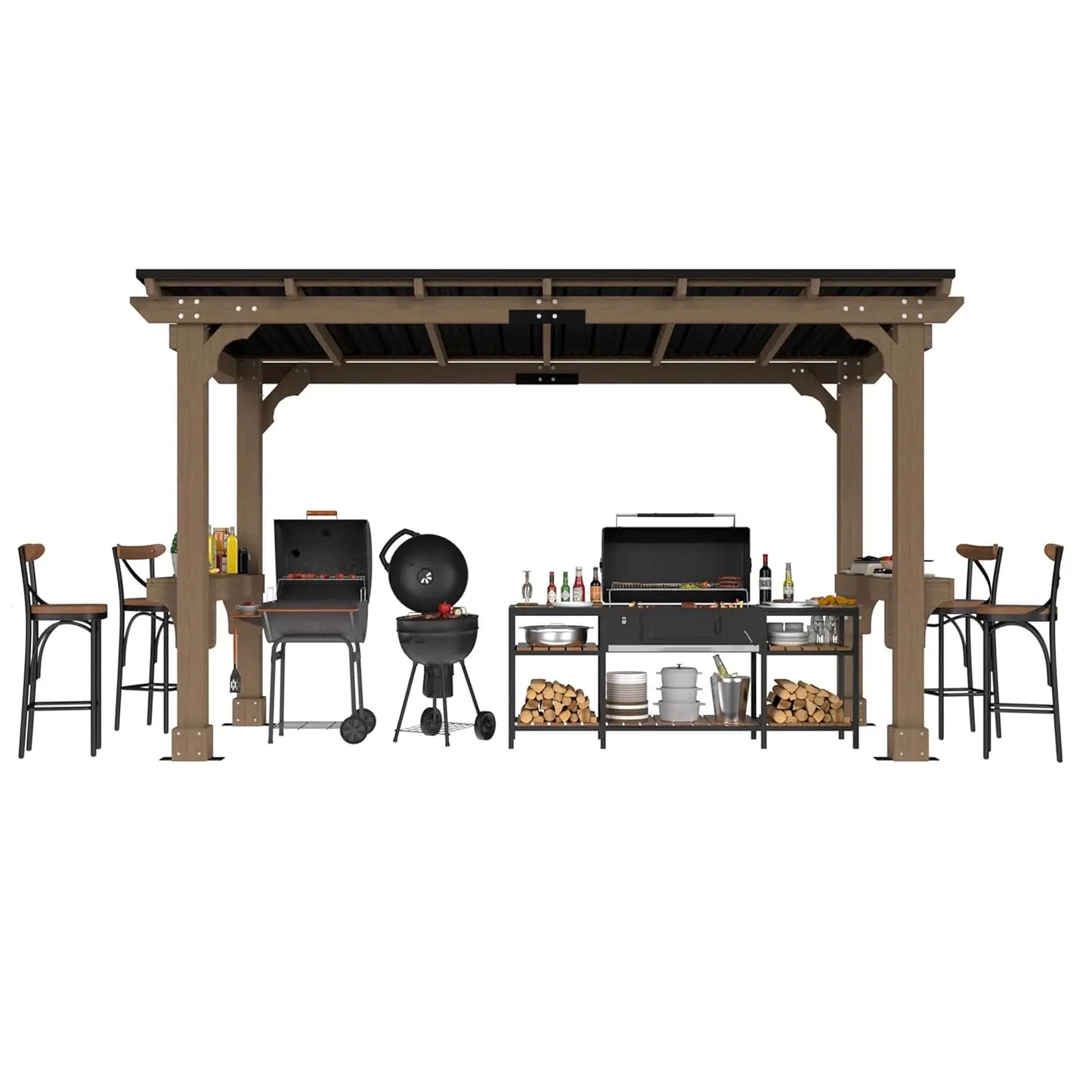 6x13FT Wood Grill Gazebo Sloping Metal Roof Heavy Duty 2 Grills Permanent BBQ Canopy Outdoor Patio Lawn Garden,Customized