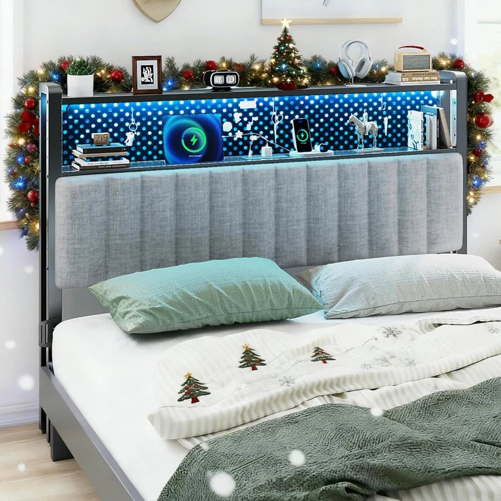 Adjustable Upholstered Headboard With Shelves Pegboard And LED