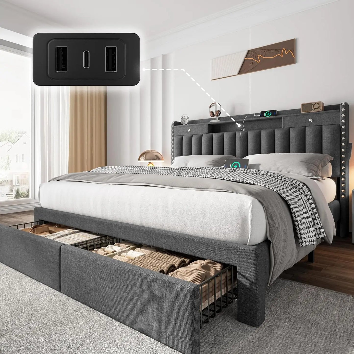 MOYU Velvet Upholstered Platform Bed Frame With Headboard And Drawers