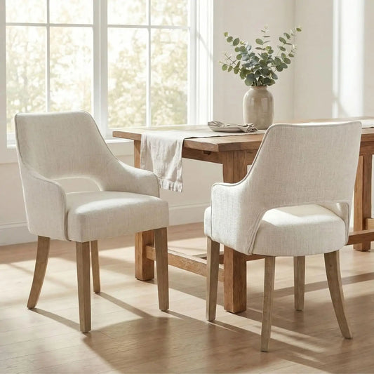 Farmhouse Linen Upholstered Dining Chairs With Arms Solid Wood Set