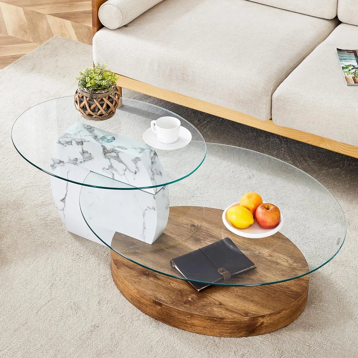 Glass Round Coffee Table Three Tier Tempered Glass Top Wood Base