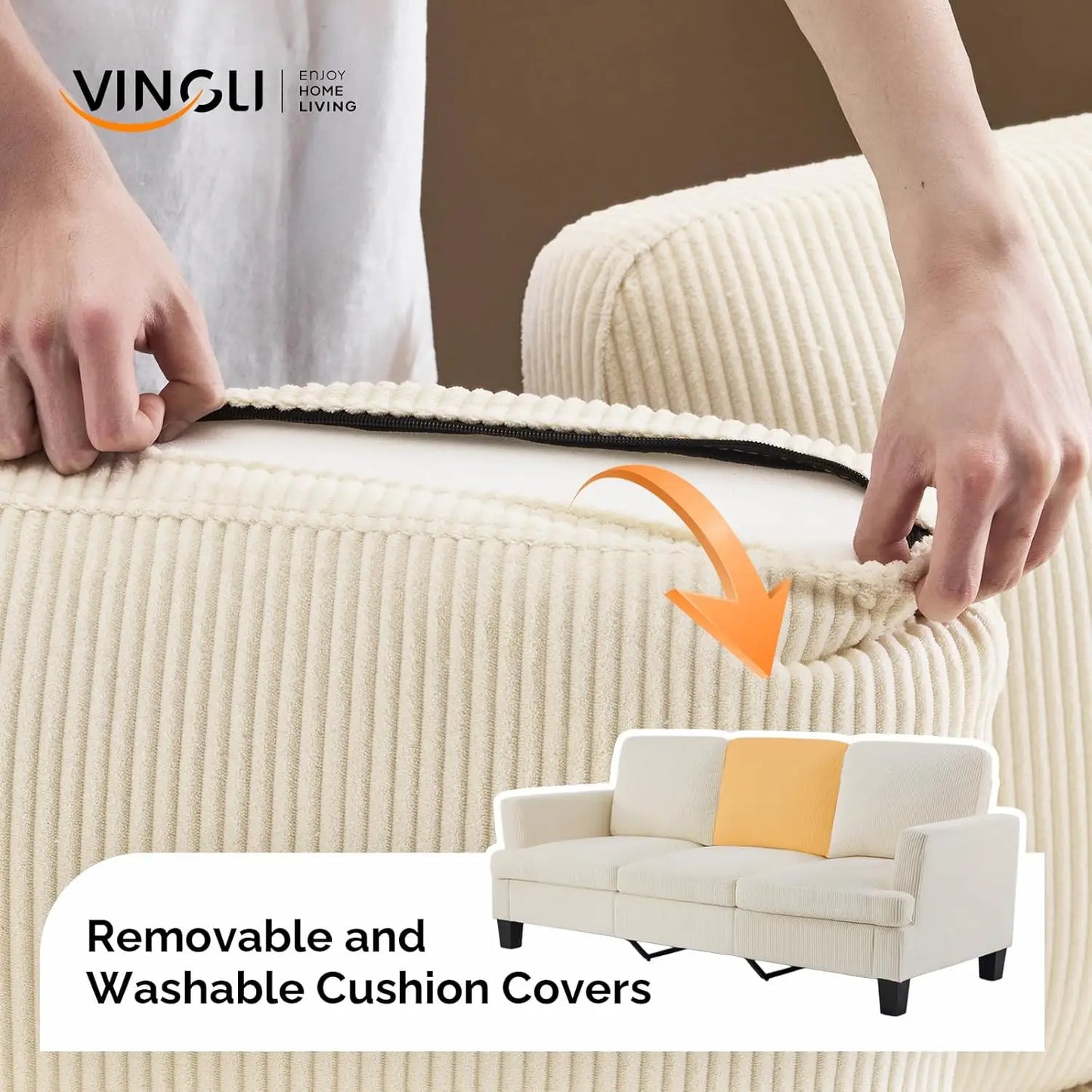 Beige 83" Sofa Couches for Living Room, Corduroy Modern Comfy 3 Seater Couch 25.6" Deep Seat Upholstery Cozy Sofas, Customized