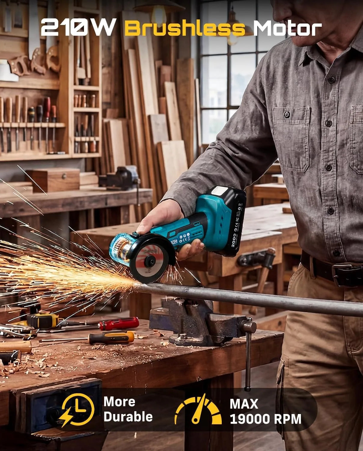 SEESII Cordless Mini Angle Grinder 3 Inch Brushless Angle Grinder 19000 RPM with 2pcs 21V 2.0Ah Batteries, 7pcs Cutting Discs 210W Power Electric Grinder Tool for Metal Wood Polishing Rust Removal