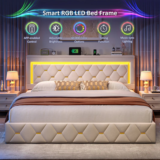 EnHomee LED Platform Bed Frame With Four Storage Drawers And Charging Station