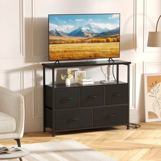 JHK TV Stand With Charging Station Media Console Open Shelves