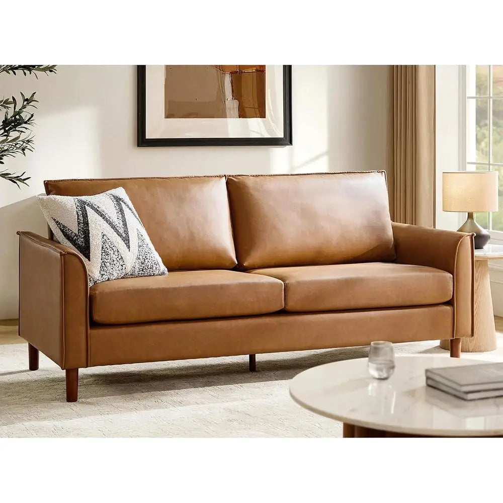 78" aux Leather Soa with Solid Wood Legs, -Century ern Leather Couch with Removable Backrest Cushion, Comy Upholstered 3-Seater
