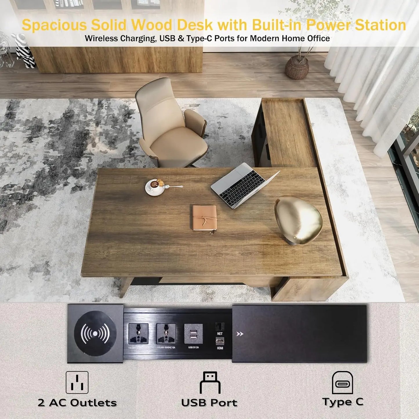 L Shaped Executive Office Desk Corner With Wireless Charging And Printer Storage