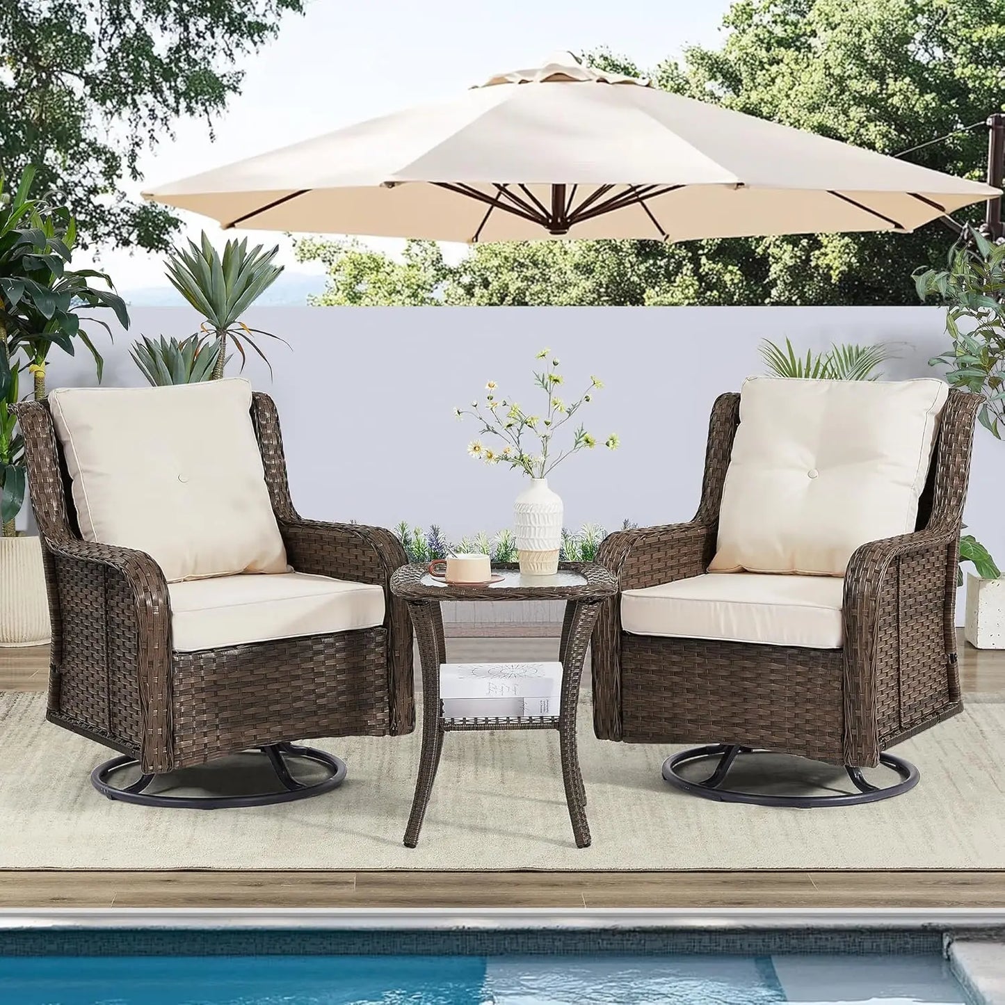 360 Degree Swivel Patio Set Wicker Rocking Chairs Side Table