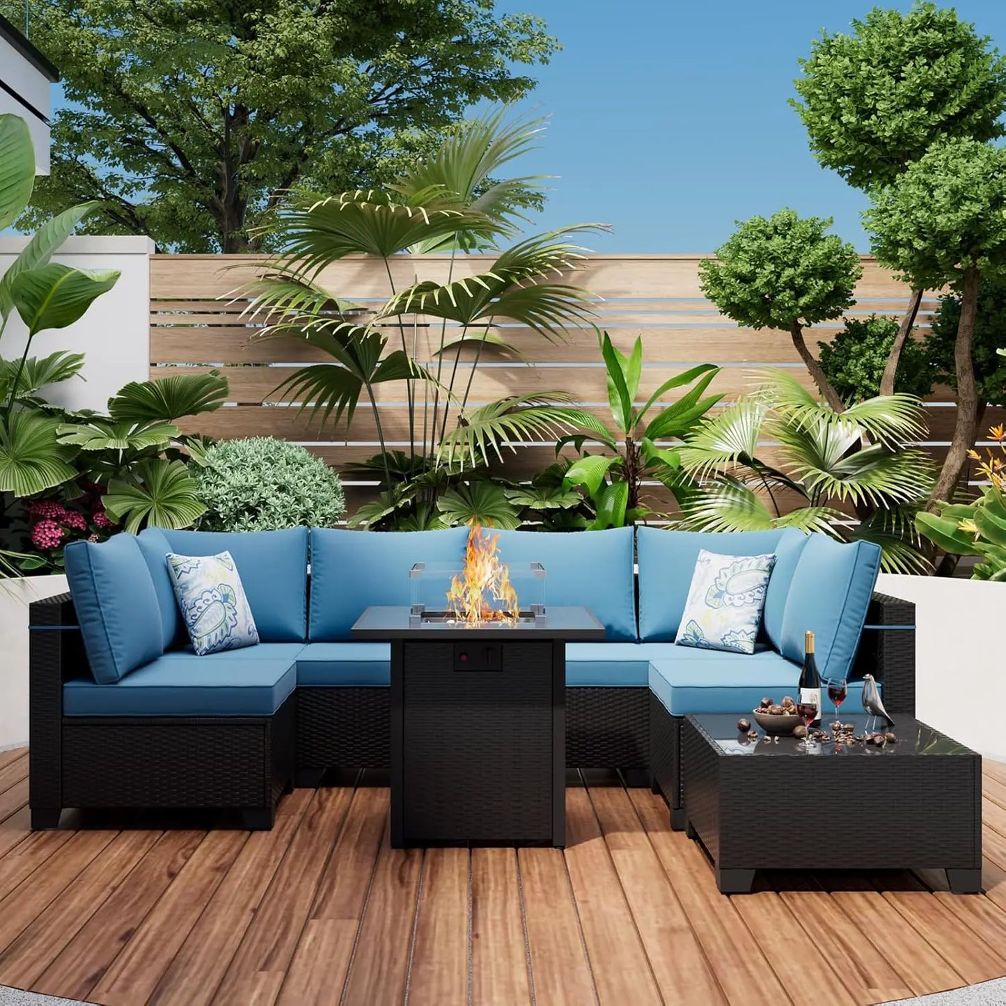 Durable Patio Furniture Set With Fire Pit Table Outdoor Rattan Sectional Sofa