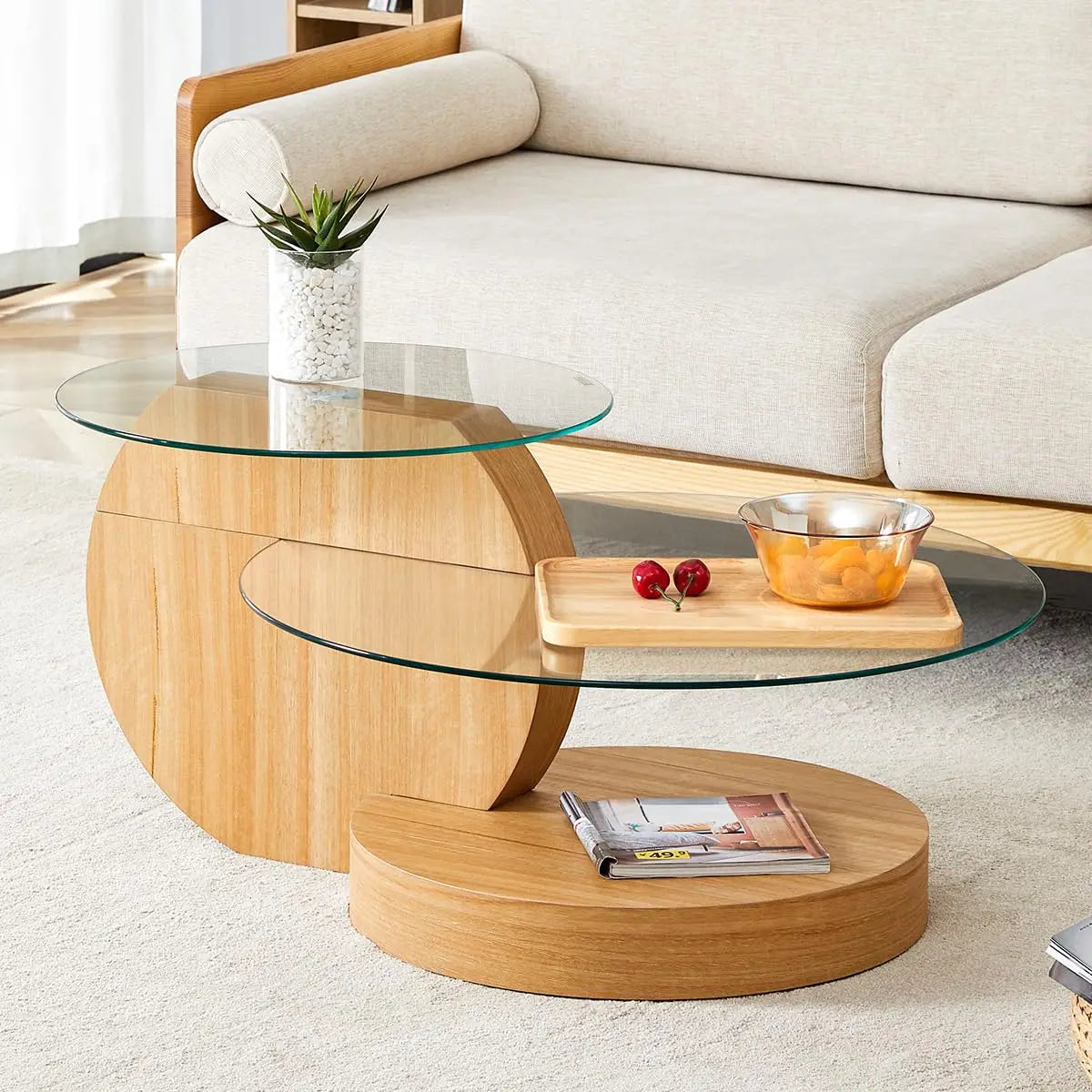 Glass Round Coffee Table Three Tier Tempered Glass Top Wood Base
