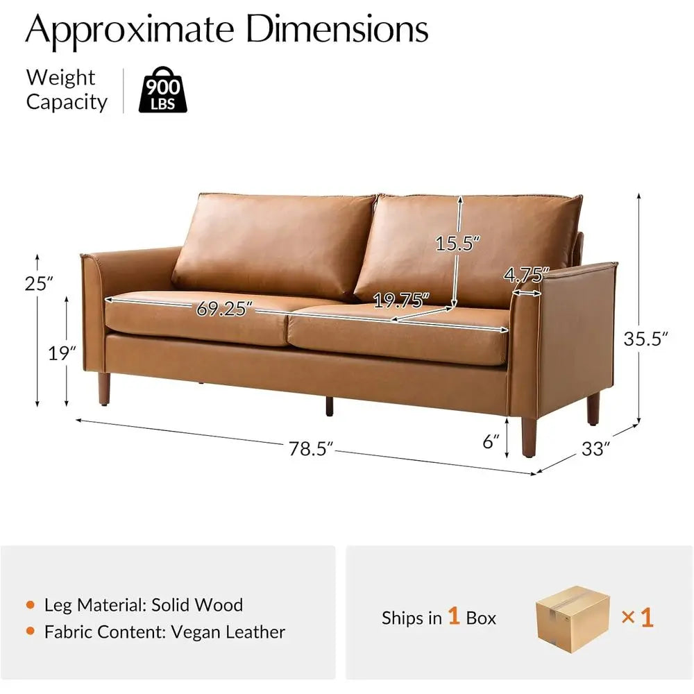 78" aux Leather Soa with Solid Wood Legs, -Century ern Leather Couch with Removable Backrest Cushion, Comy Upholstered 3-Seater