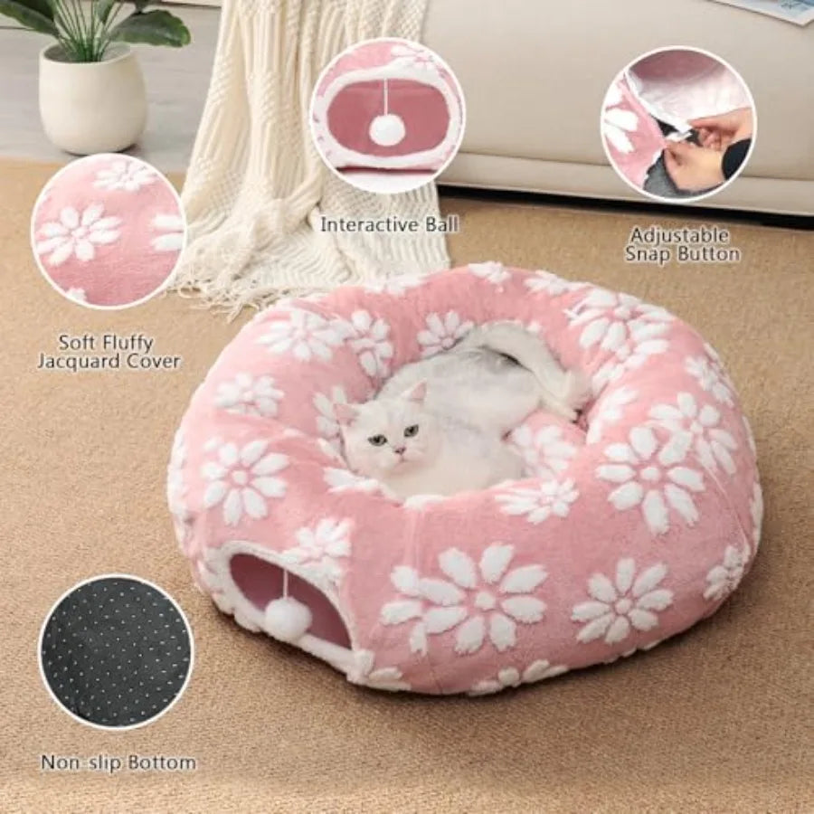 Cat Tunnel for Indoor Cats Cute Peekaboo Cat Cave with Dangling Balls Pet Donut Tunnel Bed with Circle Mat for Puppy Kitten Rab