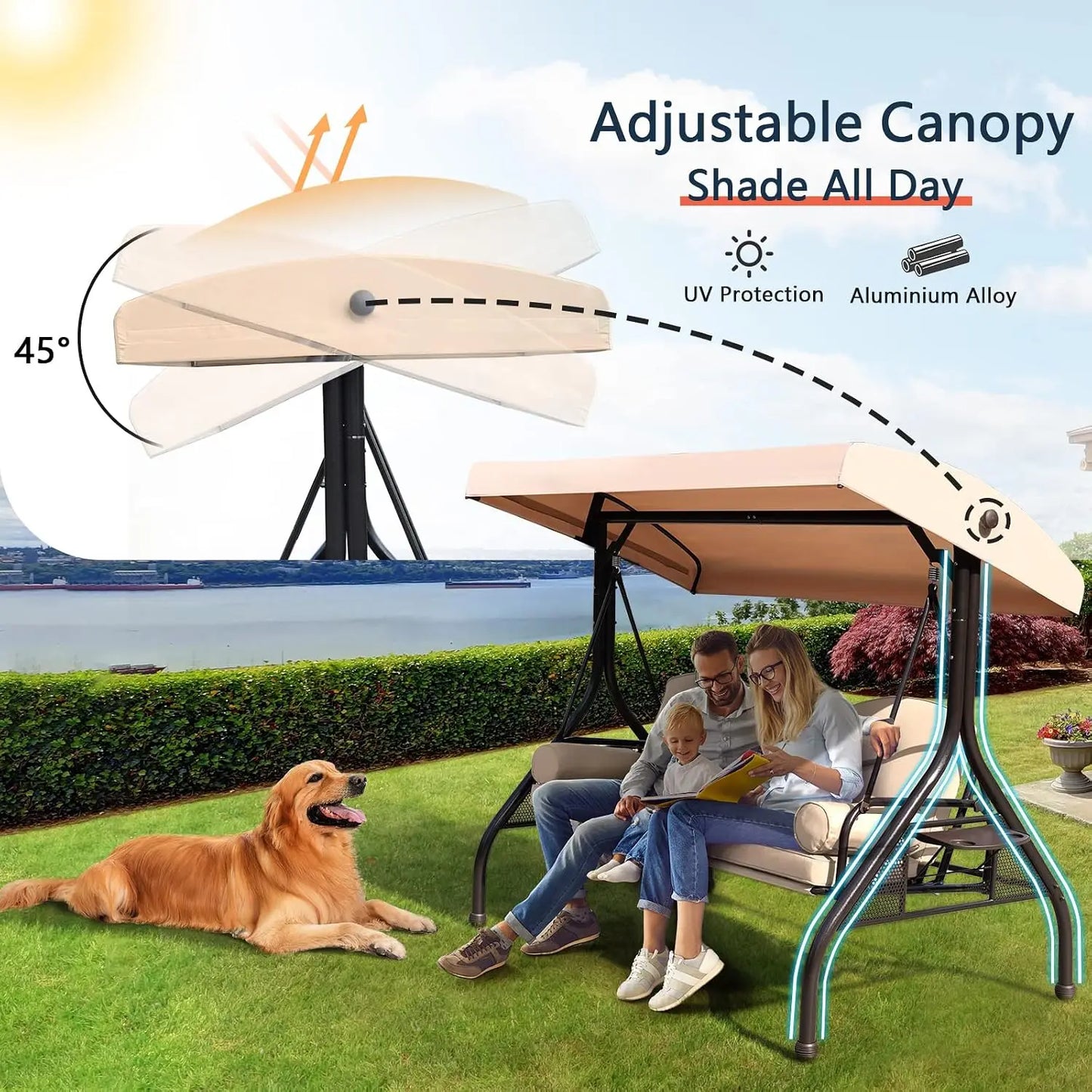 Patio Porch Swing With Adjustable Canopy And Cushion