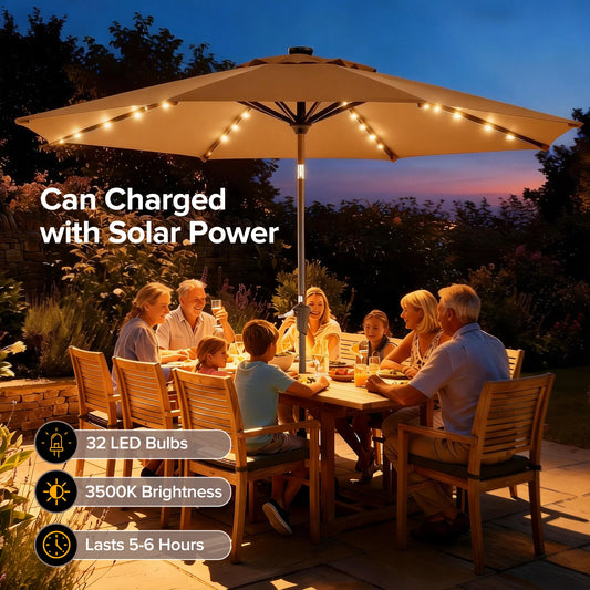 JHK Solar Patio Umbrella With LED Lights And Tilt Crank