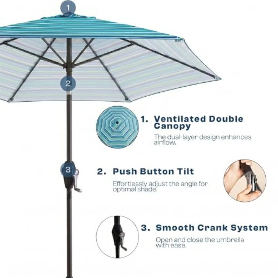 Patio Market Umbrella With Push Button Tilt Crank 6 Fiberglass Ribs UPF50 Plus