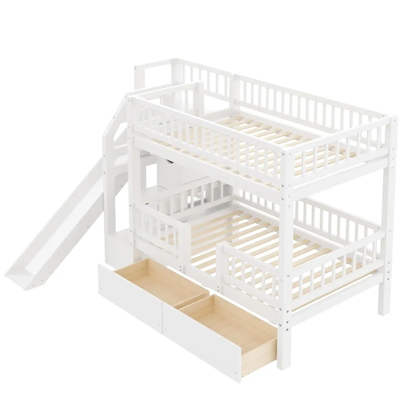Kids Bunk Bed With Slide, Storage Drawers And Staircase, Pine Wood