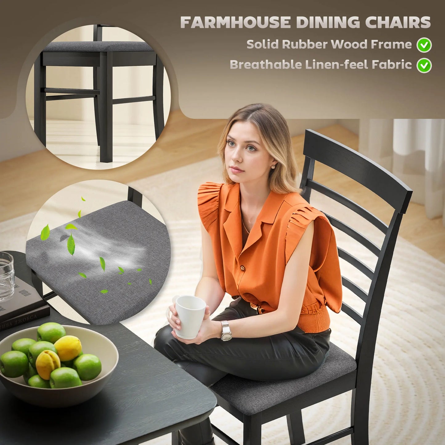 HOMCOM Rubber Wood Frame Dining Chairs Set Of 2 Upholstered