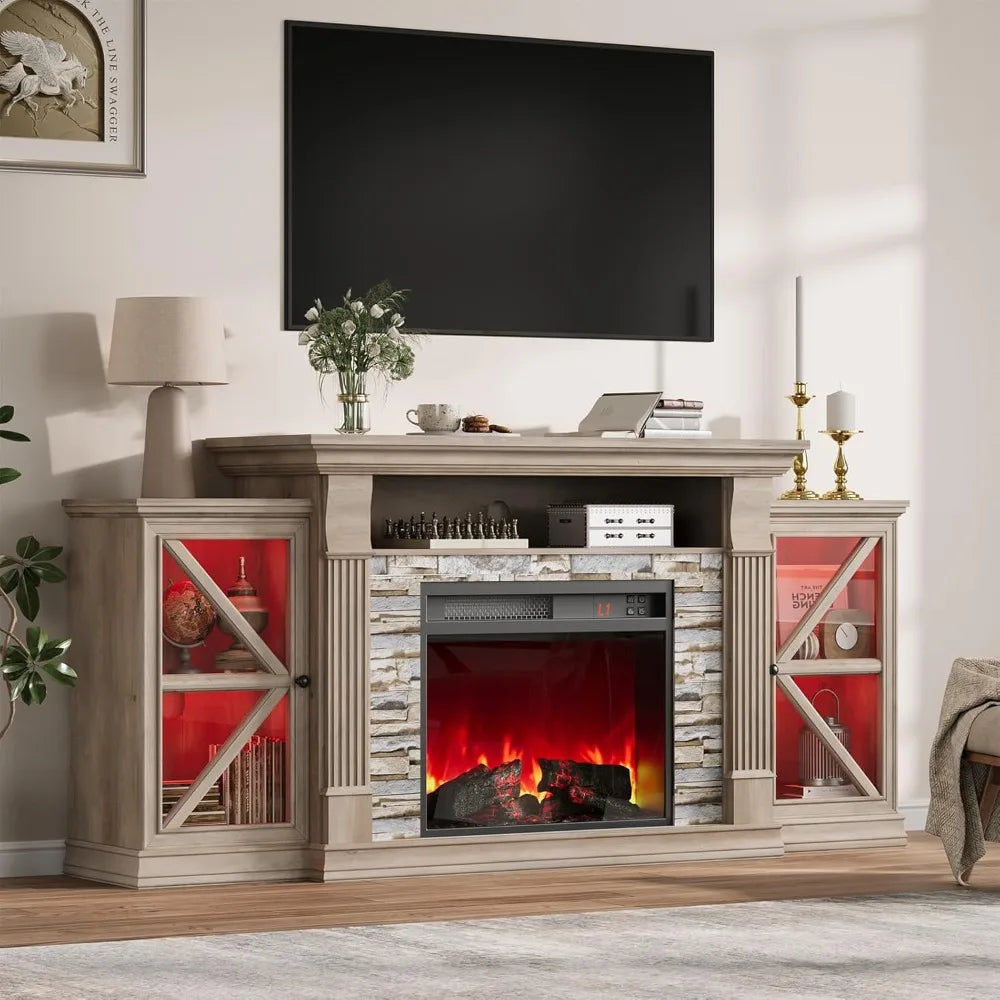 Electric Fireplace TV Stand Modern Farmhouse Entertainment Center Glass Cabinet