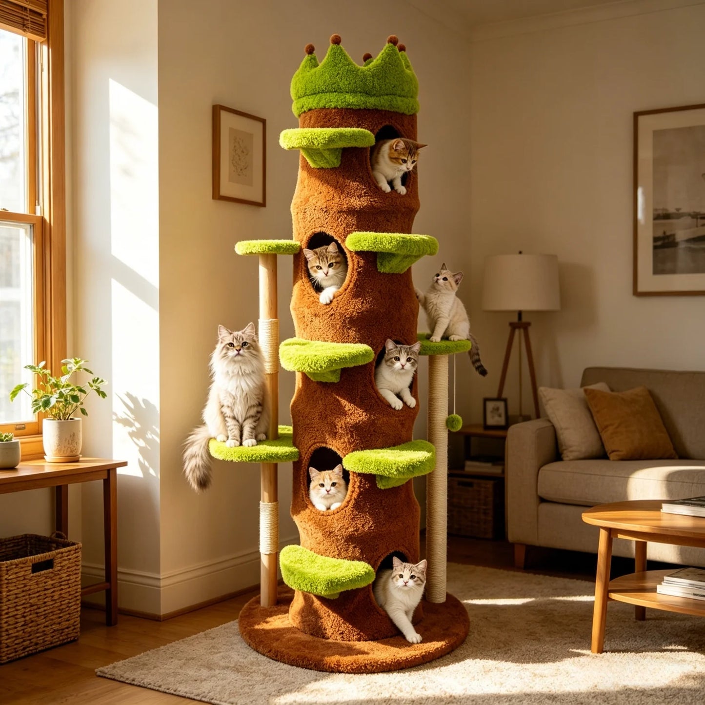 187CM Tall Indoor Cat Tree Tower Large Vibrant Green Cat Climbing Tree Activity Tower Crown-shaped Perch Plush Stairs Cat Condo