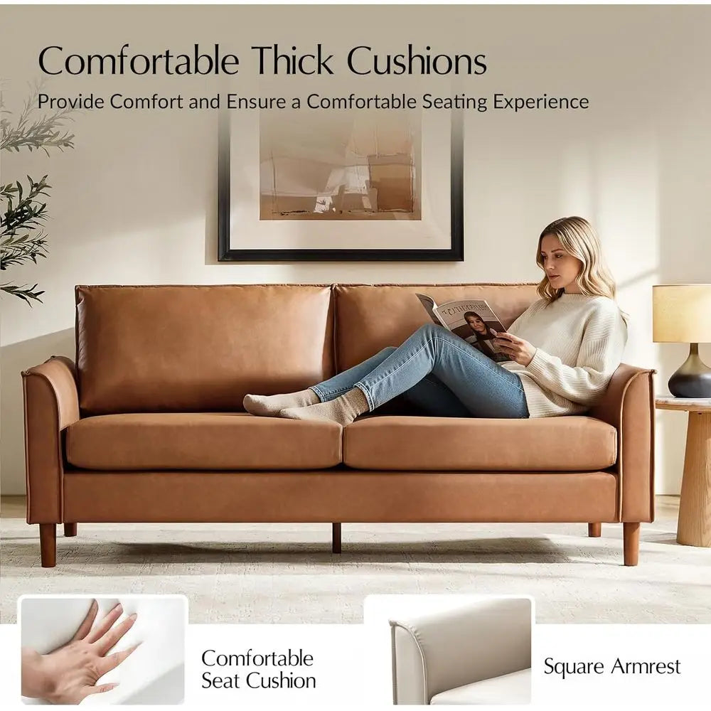 78" aux Leather Soa with Solid Wood Legs, -Century ern Leather Couch with Removable Backrest Cushion, Comy Upholstered 3-Seater