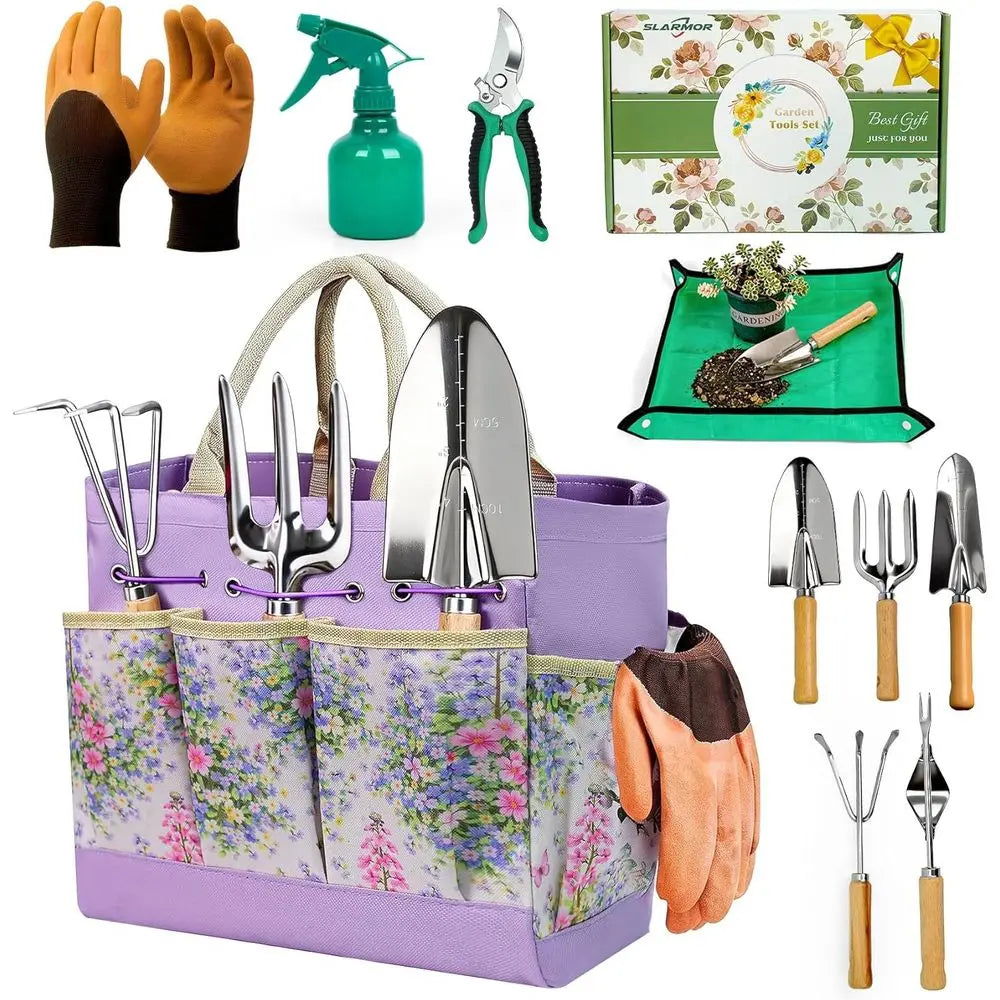 Garden Tool Set, 10 PCS Gardening Essentials, Stainless Steel Hand Tools with Tote Bag, Well-Designed Gardening Supplies Kit for