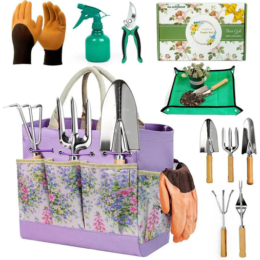 Garden Tool Set, 10 PCS Gardening Essentials, Stainless Steel Hand Tools with Tote Bag, Well-Designed Gardening Supplies Kit for