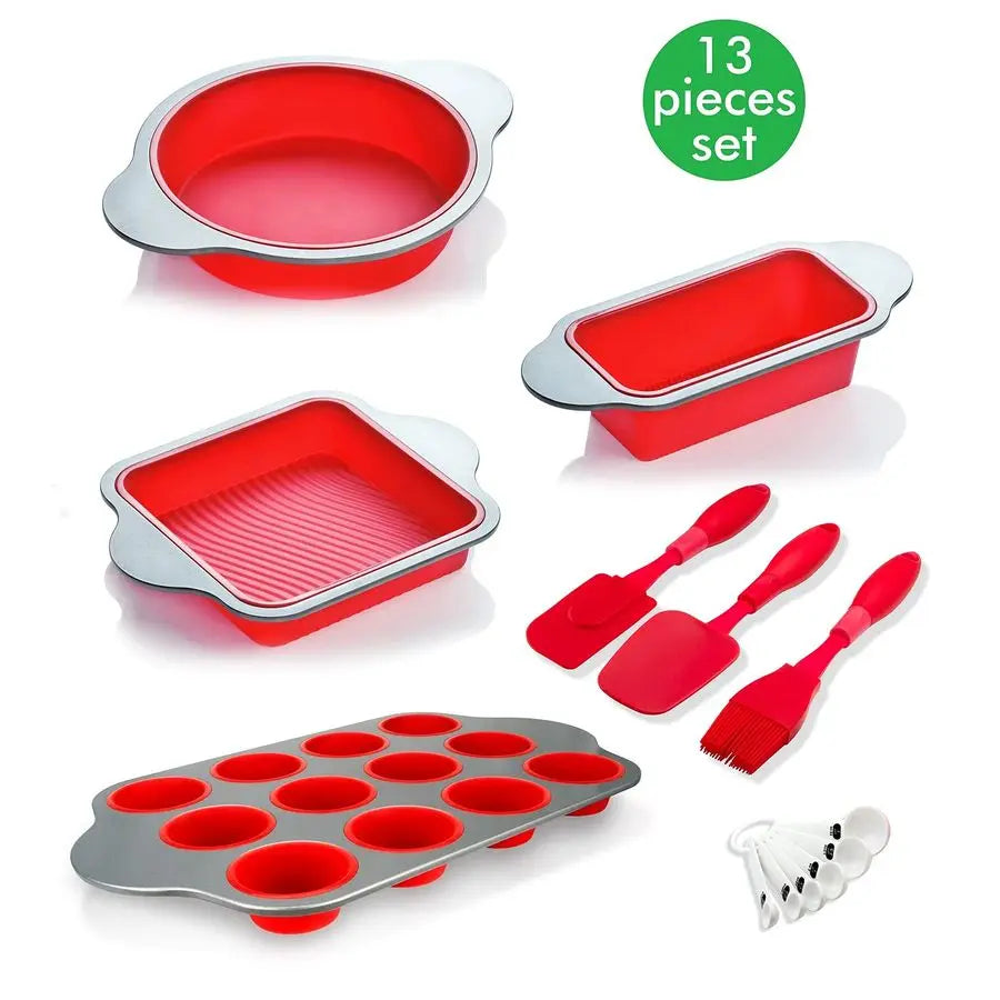 XMSJ 13 Piece Nonstick Silicone Bakeware Set With Cake Pan And Measuring Spoons
