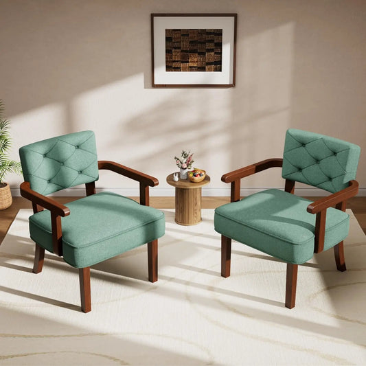 Oversized Upholstered Armchair Set Tufted Back Cushioned Wood Frame TwoPieceSet